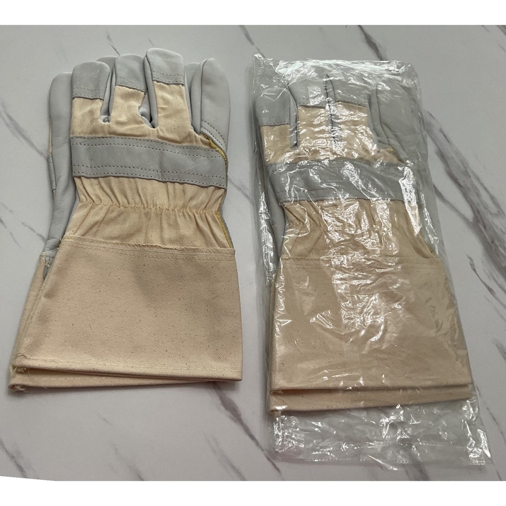 2 Pairs Leather Palm Canvas Gauntlet Cuff Heavy Duty Work Safety Gloves Gray Tan